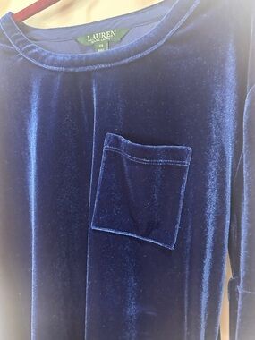 Ralph Lauren Velvet Long Sleeve Top in Navy Blue with Red Trim